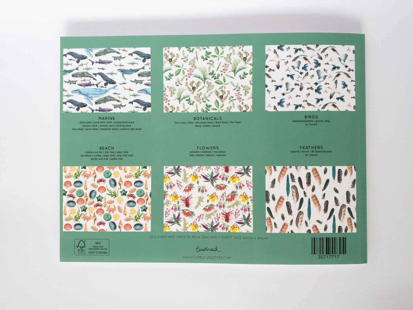 Back cover of wrapping paper book, with thumbnails of the 6 NZ native patterns that feature as wrapping paper sheets within the book.