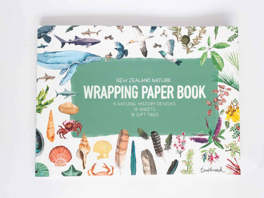 Front cover of wrapping paper book, with the 6 NZ native patterns that feature as wrapping paper sheets within the book.