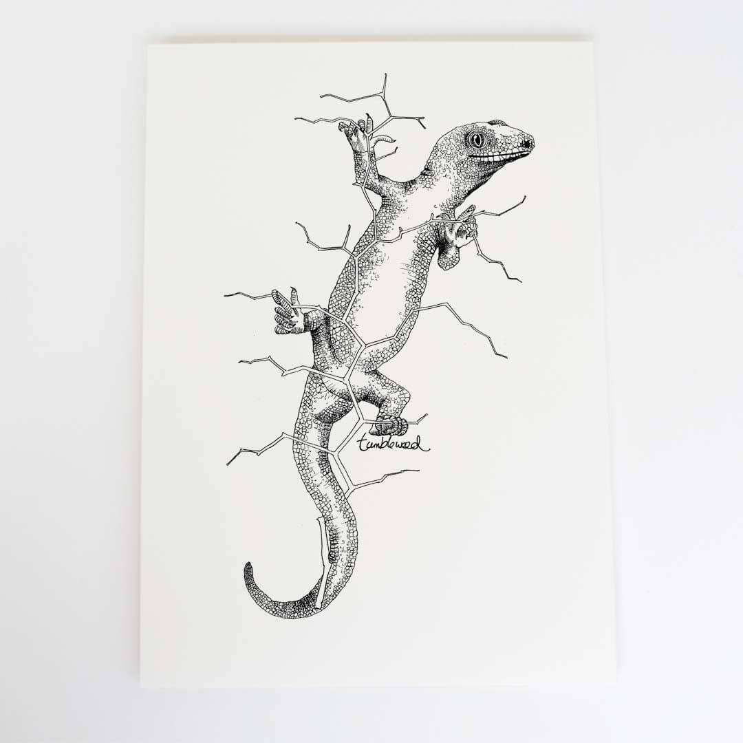 A4 art print of featuring Gecko design on white archival paper.