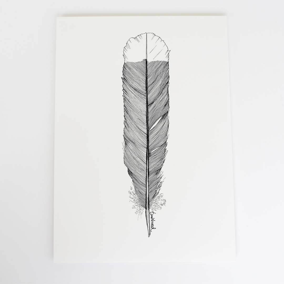 A4 art print of featuring Huia Feather design on white archival paper.
