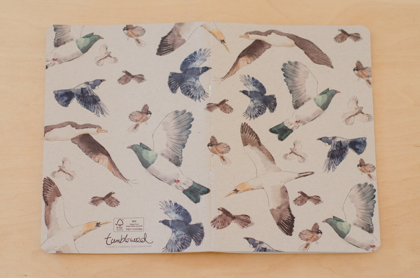 Kraft cover, painted NZ birds notebook with rounded corners