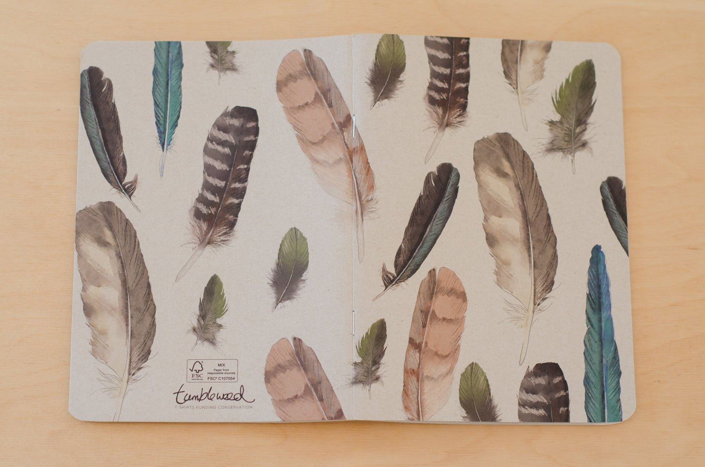 Kraft cover, painted NZ birds feathers notebook with rounded corners