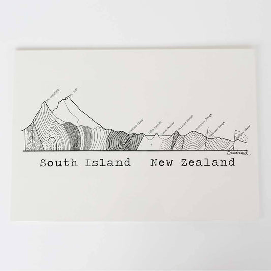 A4 art print of featuring South Island Cross Section design on white archival paper.
