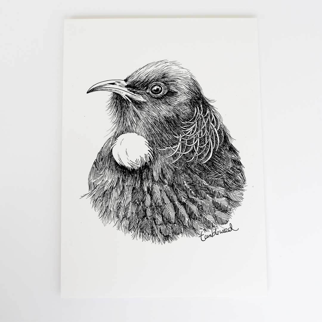 A4 art print of featuring Tui design on white archival paper.